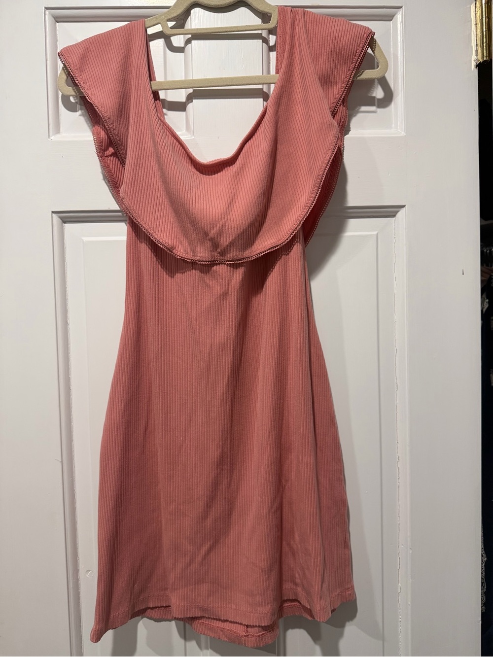 Reformation Coral Pink Ribbed Mini Dress with Scoop Ruffle